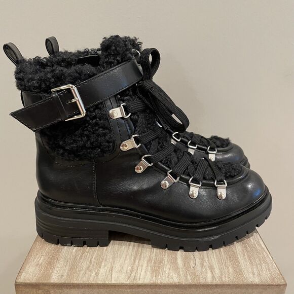 Black Combat Boots Women’s Size 7 Faux Leather Shearling NWOT Biker Moto Goth - Picture 13 of 13